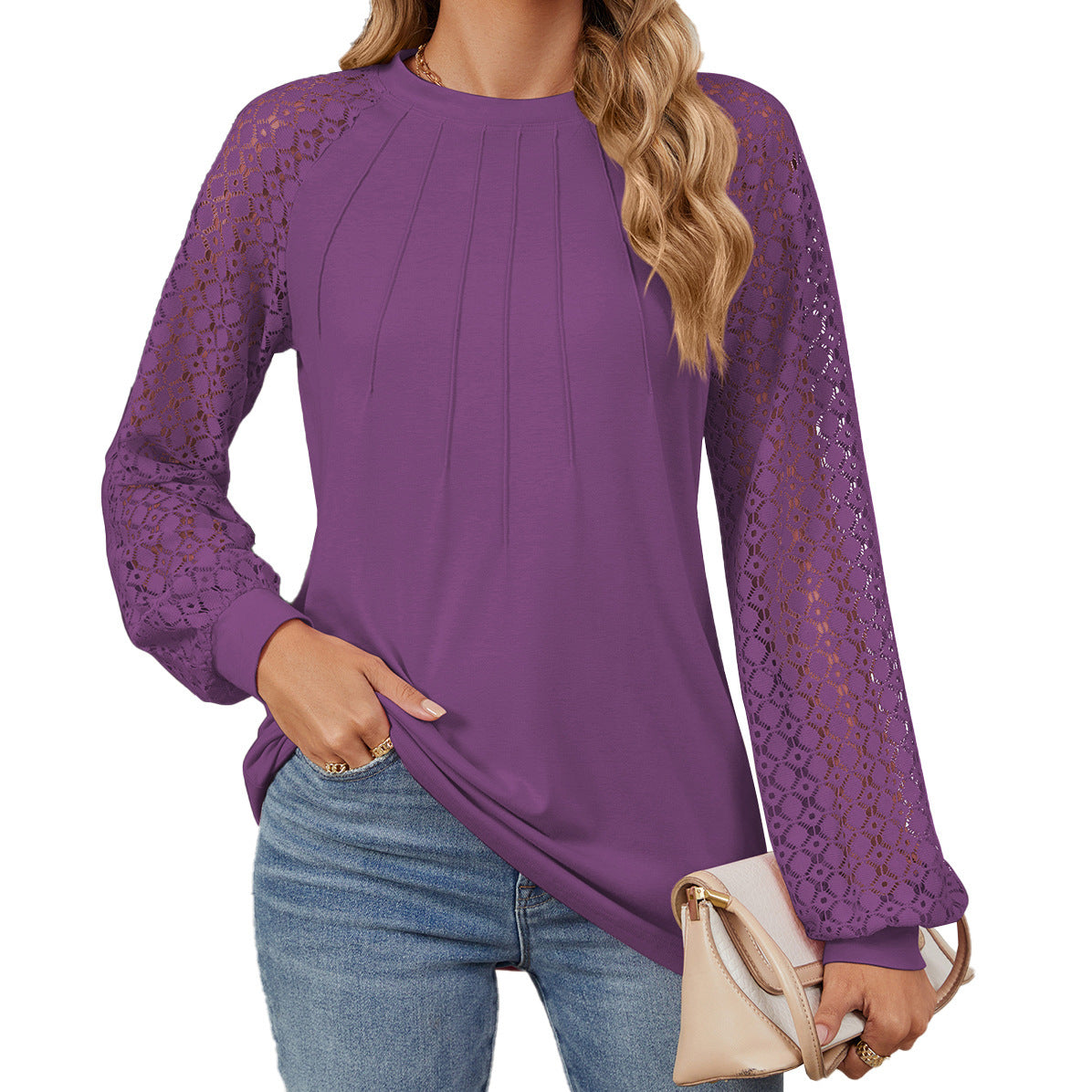 New Lace Long Sleeve Round Neck T-shirt Fashion Loose Solid Color Pullover Top For Womens Clothing