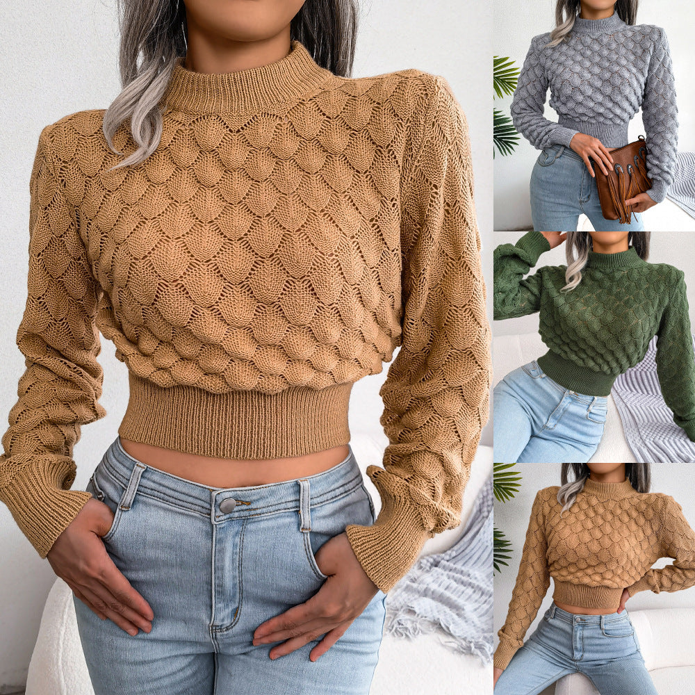 Autumn And Winter 3D Diamond Long-Sleeve Cropped Knit Sweater