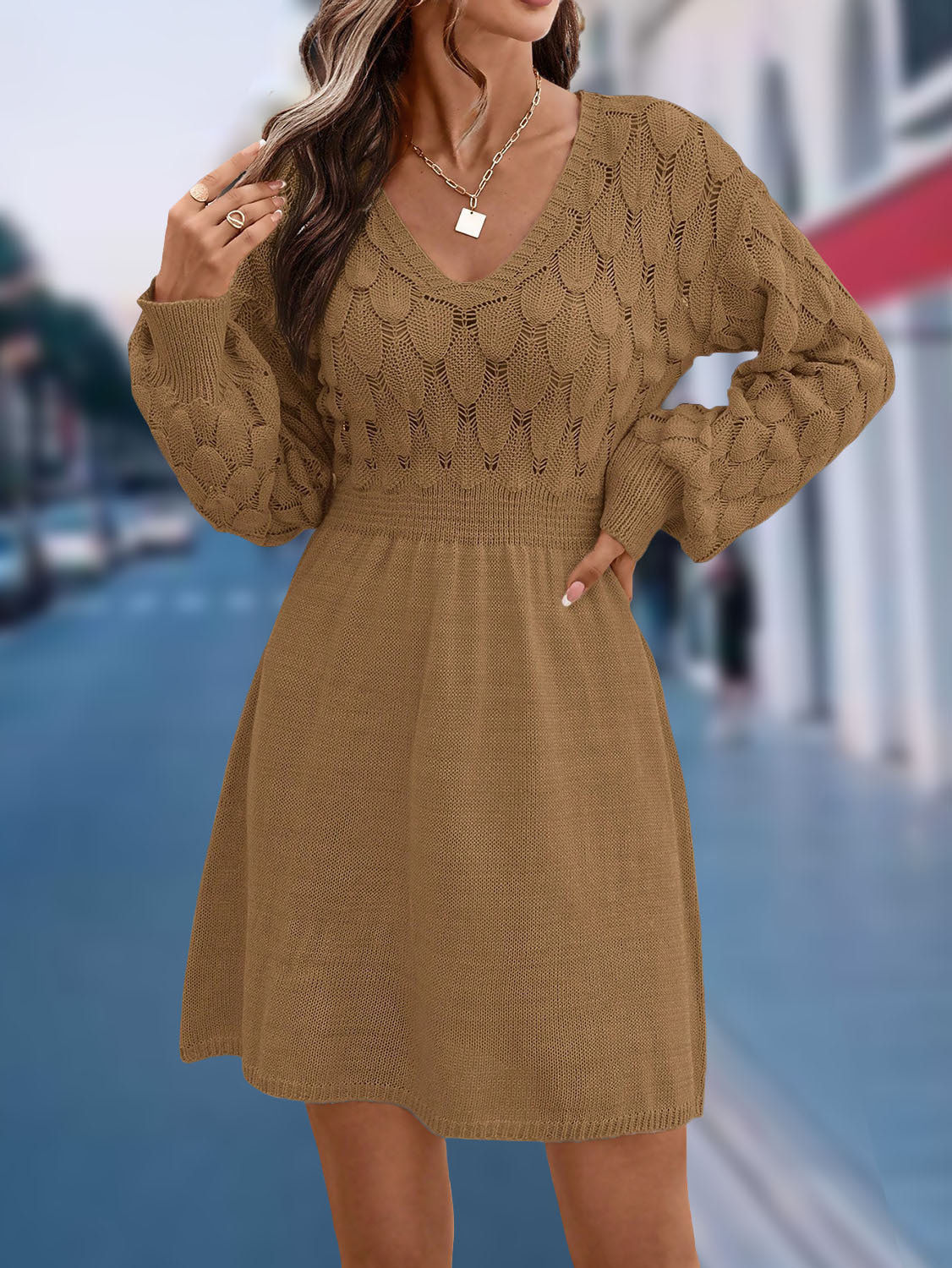 European And American V-neck Beach Dress Long Sleeve Dress
