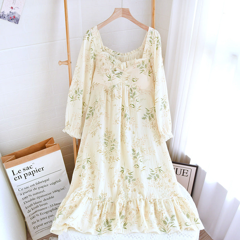 Cotton Crepe Chest Pad Long Sleeve Skirt U-collar Pullover Nightdress