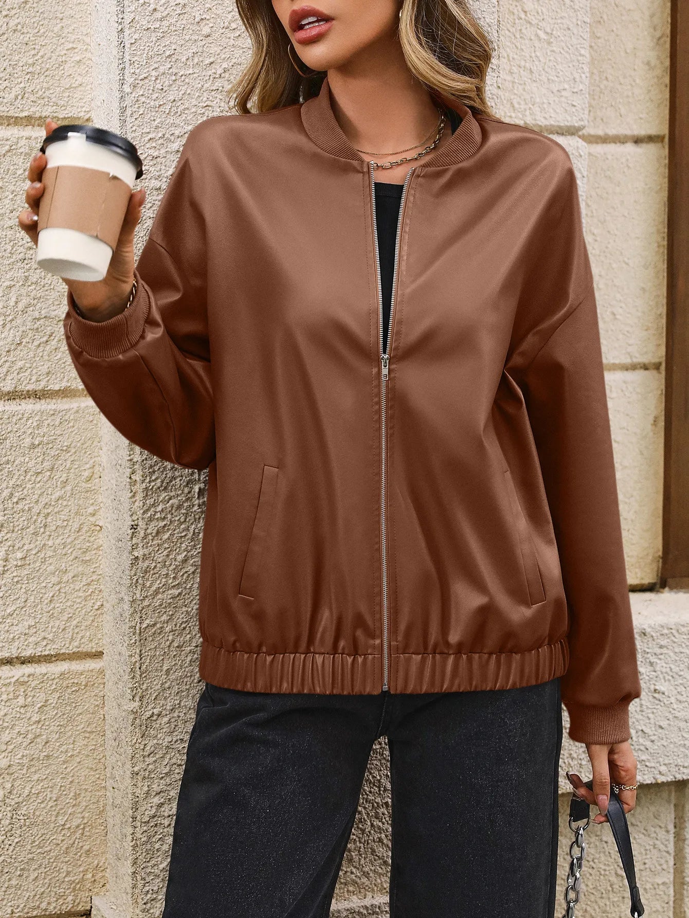 Women's Solid Color European And American Leisure Short Leather Jacket