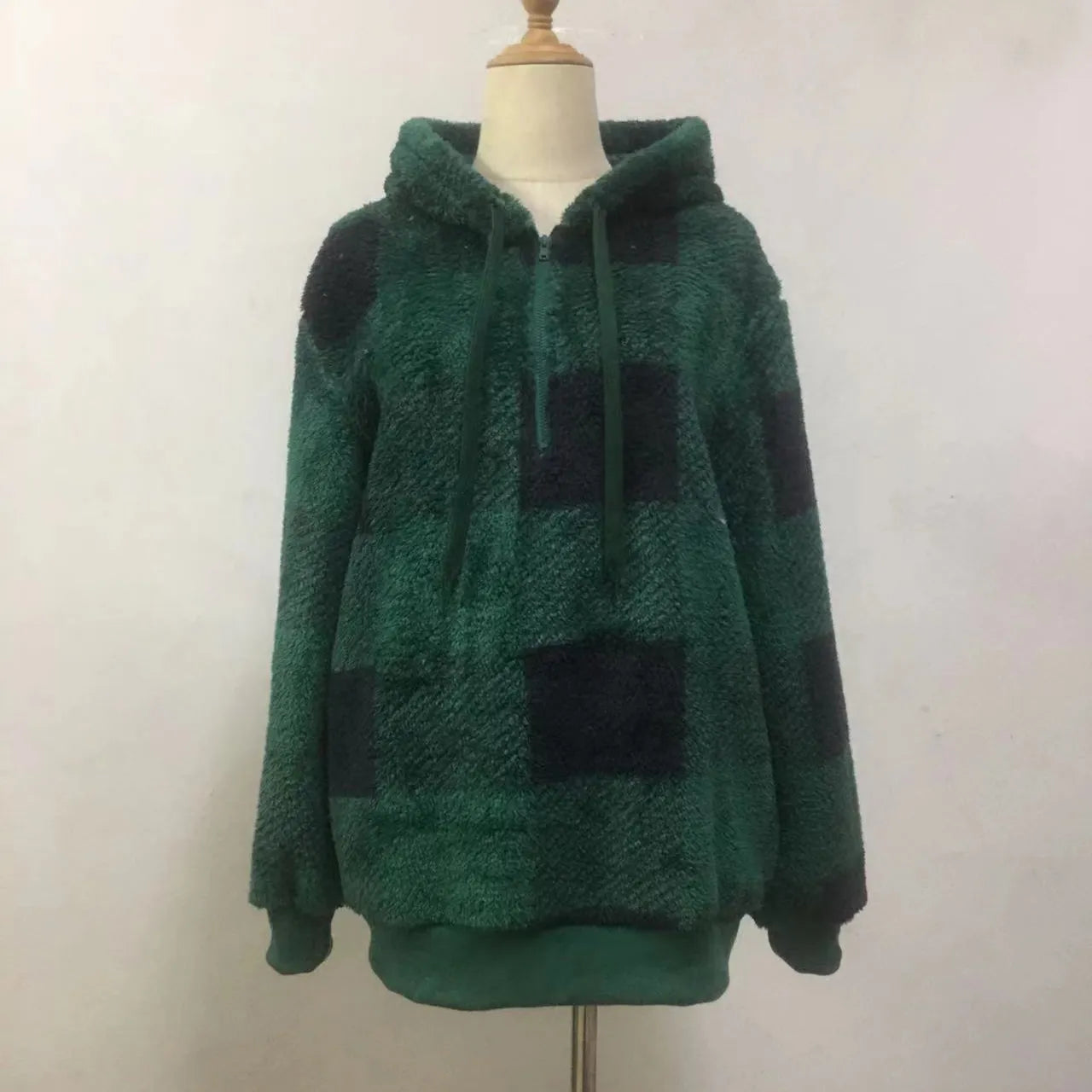 Fashion Plaid Hooded Sweatshirt With Pockets Casual Zipper Plush Tops For Womens Clothing