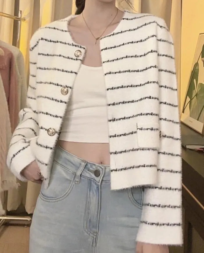 Striped Round Metal Button Faux Pocket Round Neck Sweater