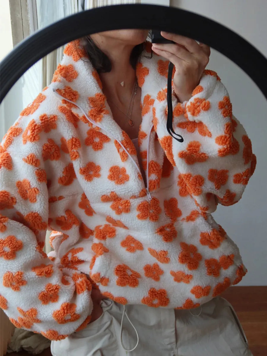 Winter Flowers Lambskin Sweatshirt With Big Pocket Casual Loose Zip-up Lapel Pullover Top Women's Clothing