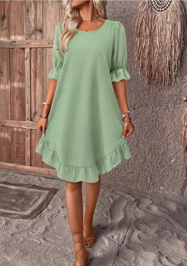 Fashion Ruffle Short-sleeved Dress Summer Solid Color Round Neck Loose Straight Dresses Womens Clothing