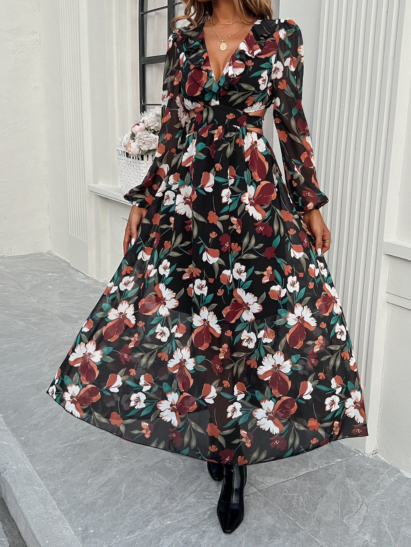 Fashion Florals Print Long Sleeve Dress Casual Holiday Tight-waisted V-neck Dresses Women Clothing