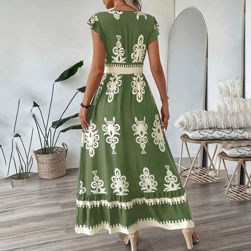 Women's Summer Flowy Maxi Dress Casual Cap Sleeve V Neck Smocked Waist Beach Sundress-FREE USA SHIPPING