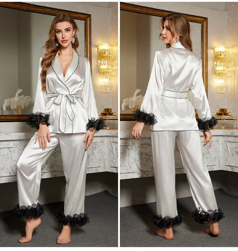 Elegant Women's Ice Silk Pajamas Set with Lace – Long Sleeve & Pants Sleepwear