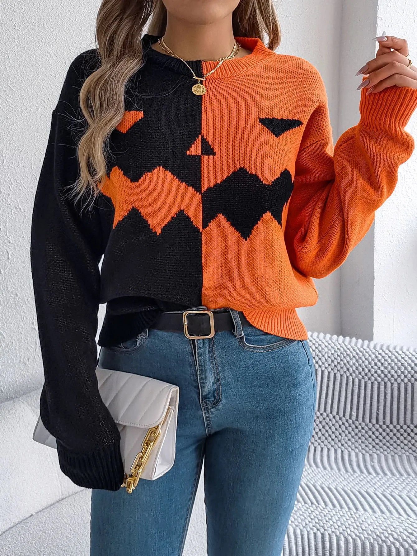 Halloween Contrast-color Pullover Sweater Fashion Long Sleeve Knitted Tops For Womens Clothing