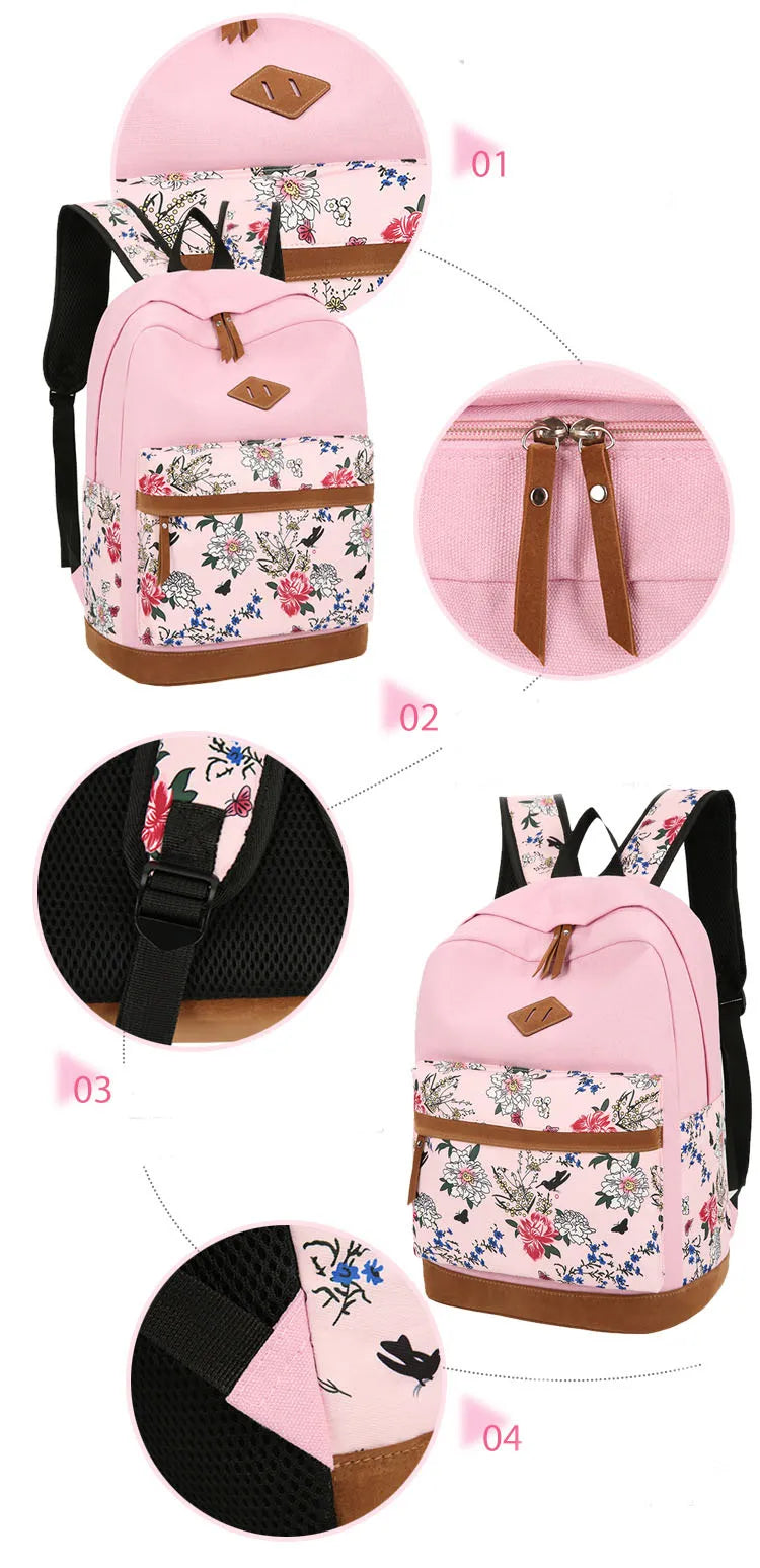 Floral Bags 3pcs Schoolbag Backpack Lunch Bag And Wallets