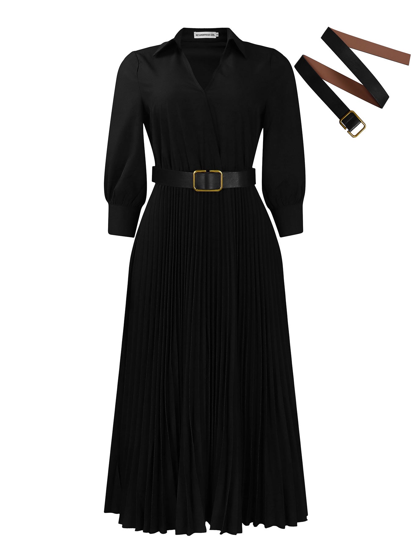 Autumn And Winter New Elegant Polo Collar Solid Color Large Swing Pleated Dress