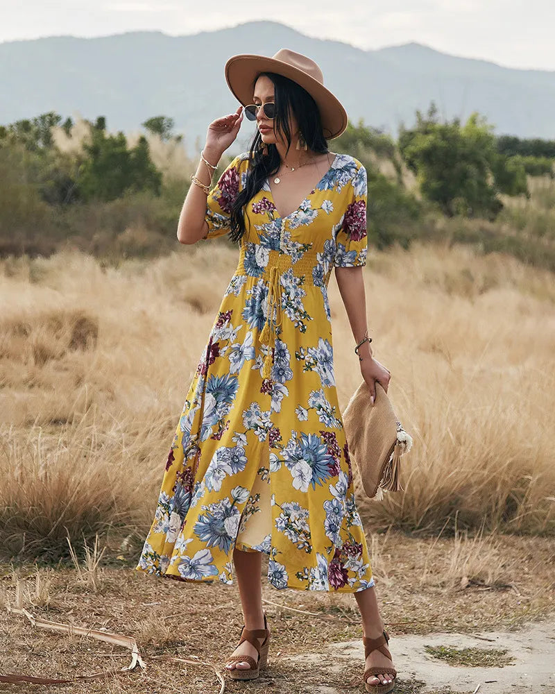 Floral Summer Beach Dress With V Neck Elastic Waist Dresses For Women