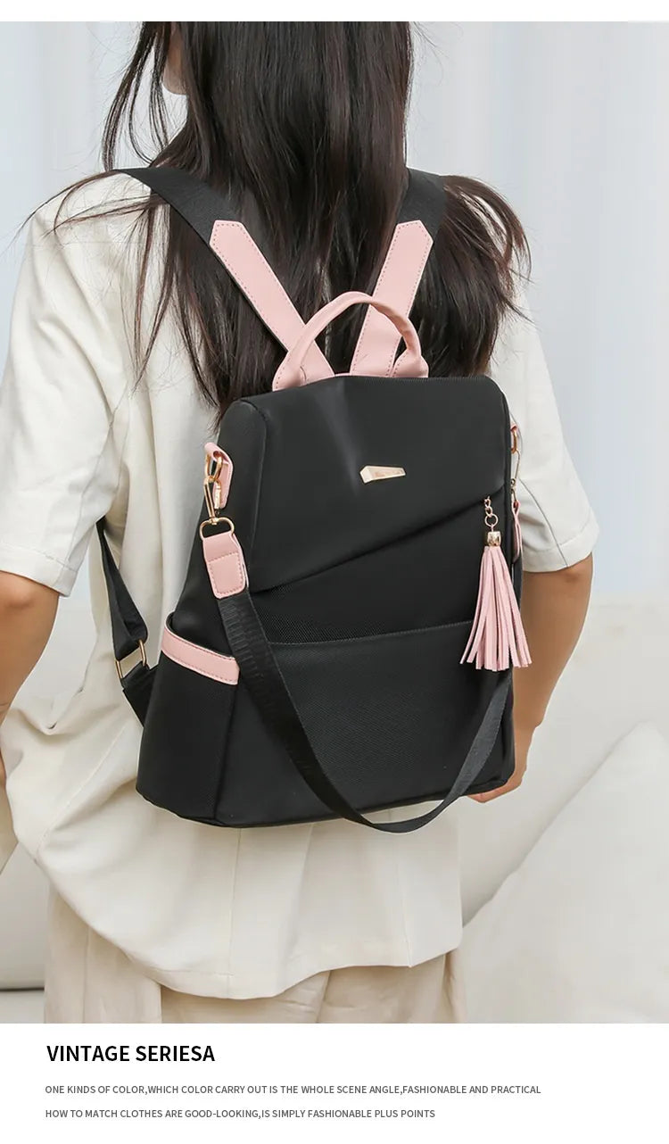 Oxford Cloth Stitching Women'S Backpack Anti-Theft Back Zipper Girls Schoolbag Casual Travel Double Shoulder Backpack