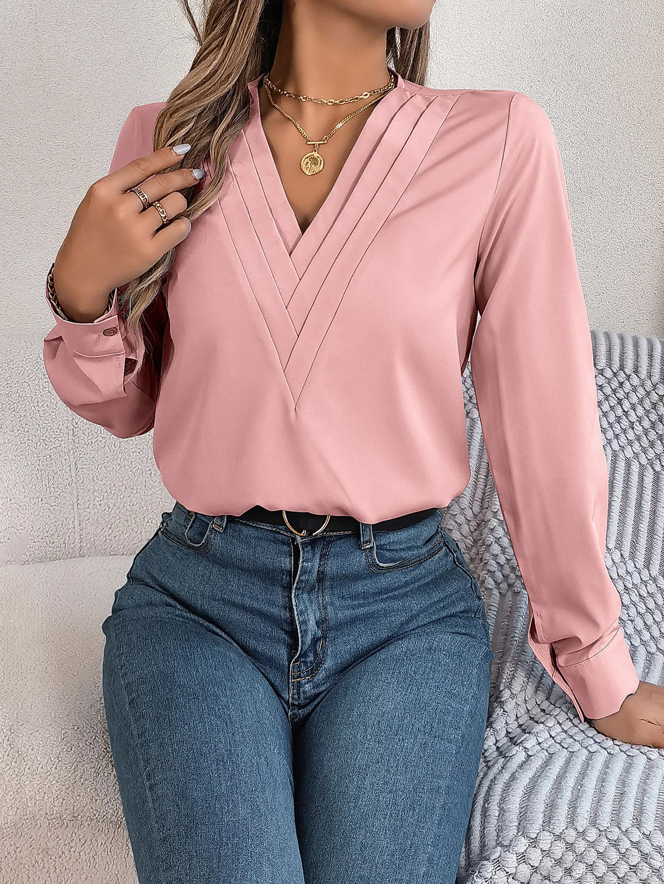 Fashion V-Neck Long Sleeve Shirt Elegant Commuter Solid Blouse Office Women's Clothing