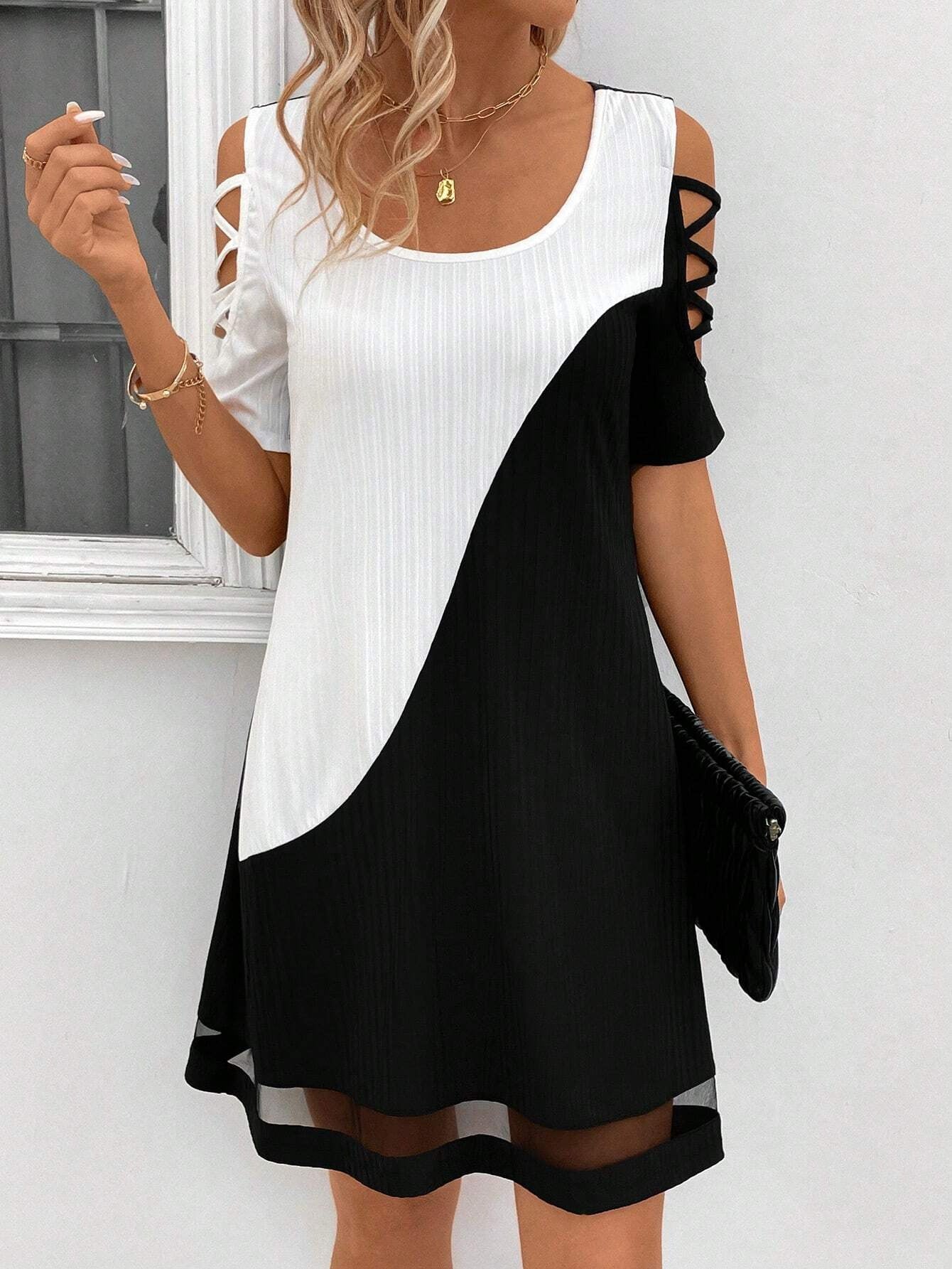 Women's Color Matching Hollow Out Mesh Midi Dress