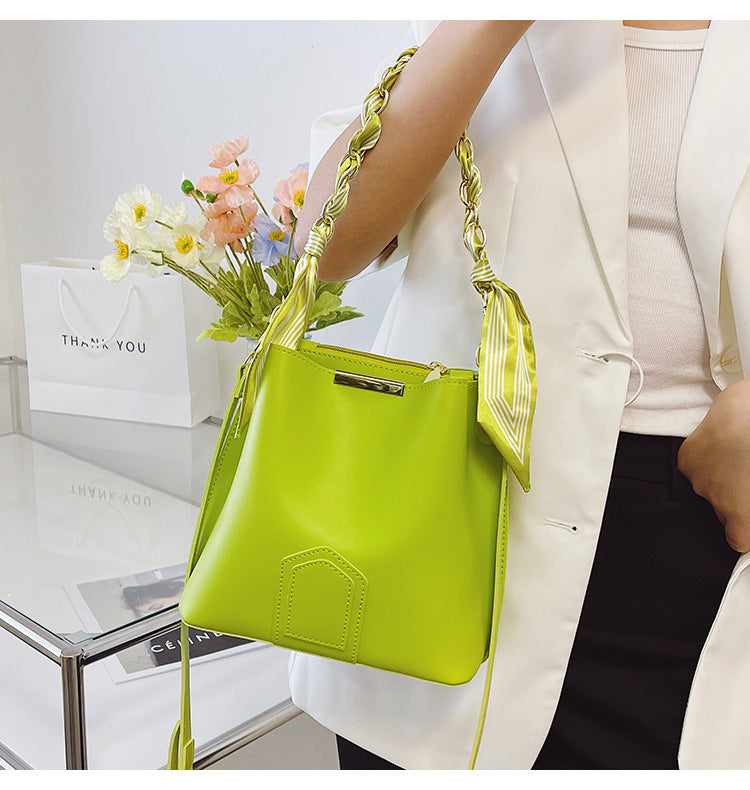 Leather Bucket Tote Bag with Chain Sling Handle