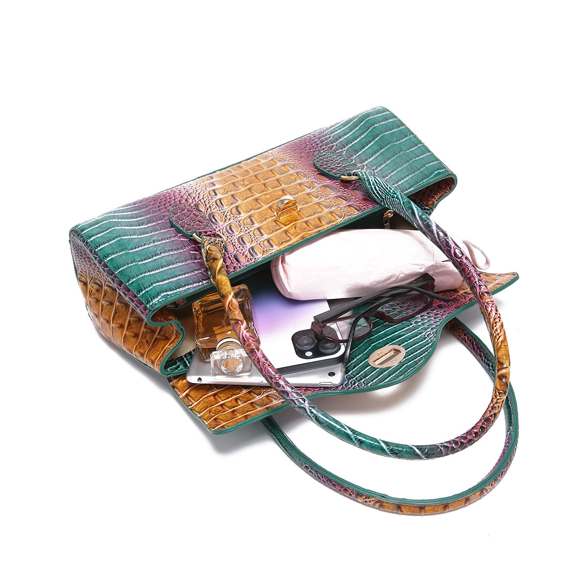 Womens Crocodile-Print Brahmin Shoulder Tote Bag