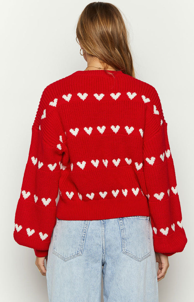 Sweet Cute Love Heart Two-tone Jacquard Contrast Color Round Neck Long Sleeve Sweater