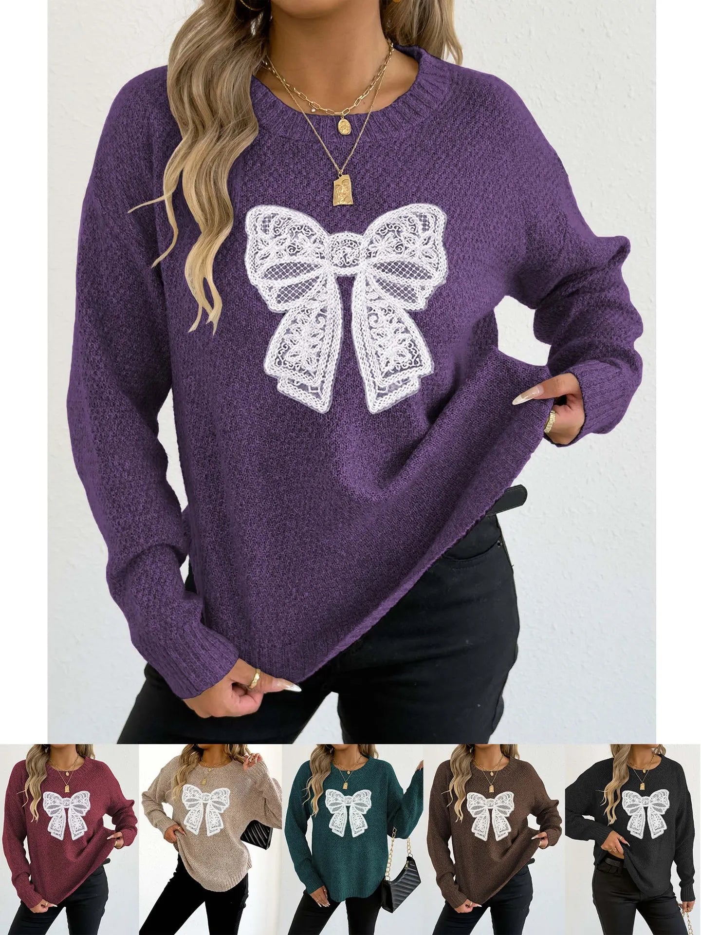 Women's Round Neck Embroidered Lace Butterfly Stitching Woven Sweater