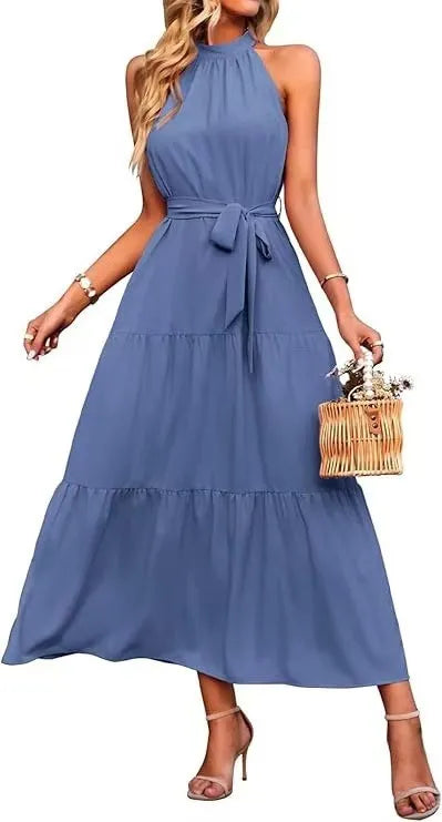 Halter Lace-up Casual Loose Stitching Dress