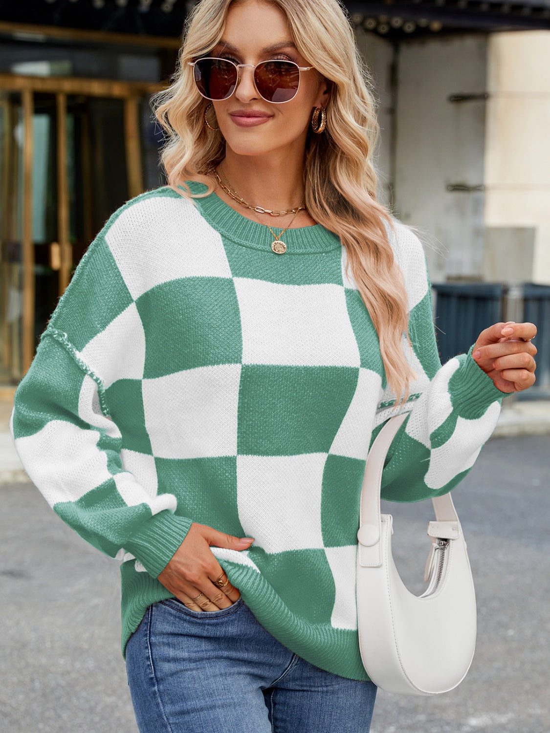 Plaid Round Neck Long Sleeve Sweater