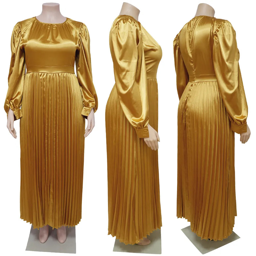 Pleated Round-neck Long Dress Women