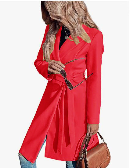 Long Woolen Women's Waist-controlled Lace-up Double Breasted Coat