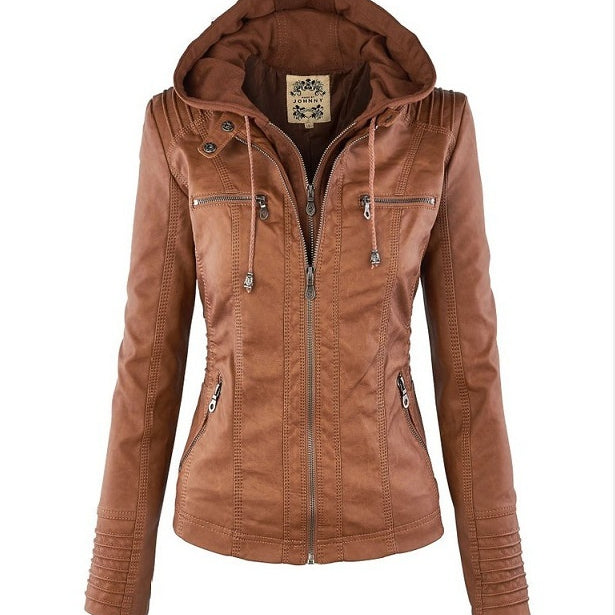 Women's Detachable Lapel Long Sleeve Solid Color Zipper Leather Jacket Coat