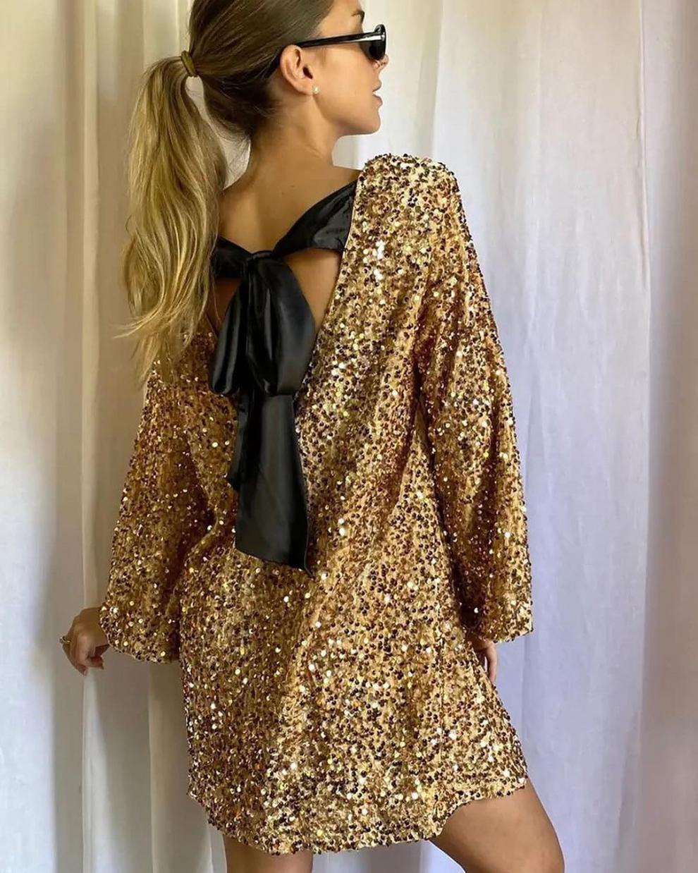 Sequined Back-Bowed Dress Fashion Round Neck Long Sleeve Dresses For Party Daily Shopping Women
