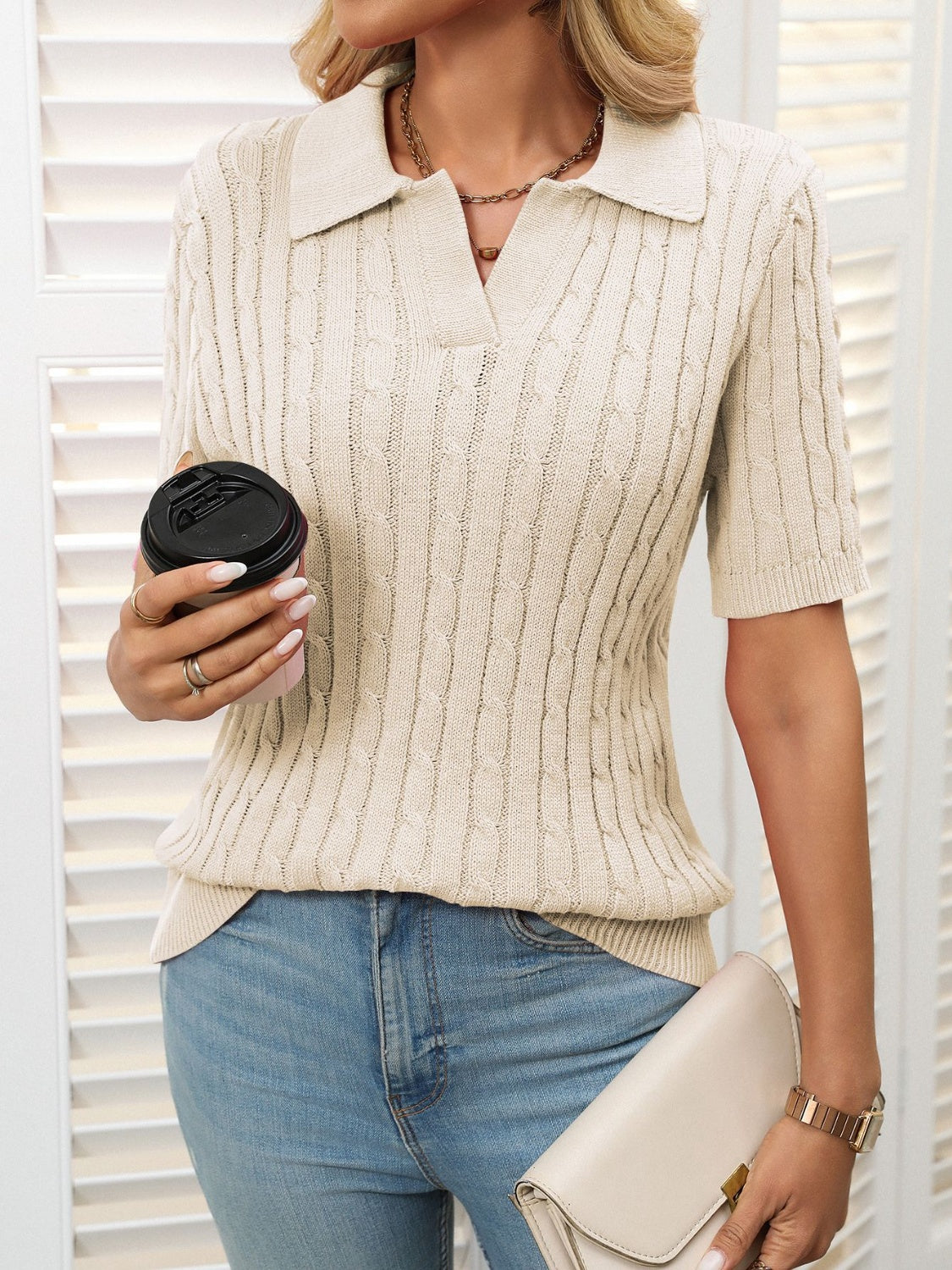 Mandy Cable Knit Johnny Collar Half Sleeve Sweater