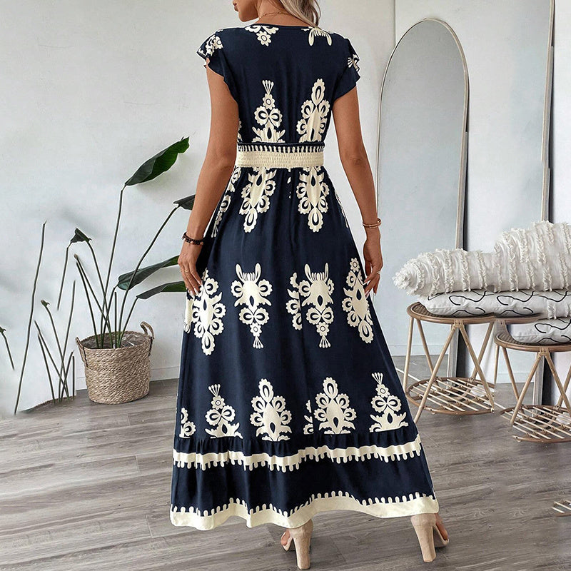 Women's Summer Flowy Maxi Dress Casual Cap Sleeve V Neck Smocked Waist Beach Sundress-FREE USA SHIPPING