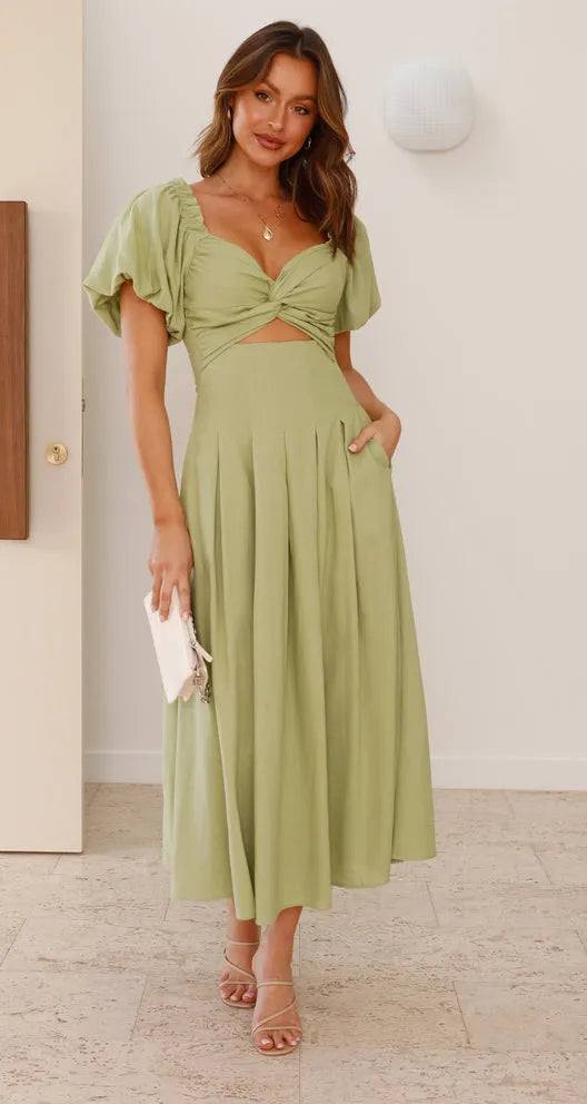 Women's Solid Color And V-neck Long Puff Sleeve Long Slimming Dress