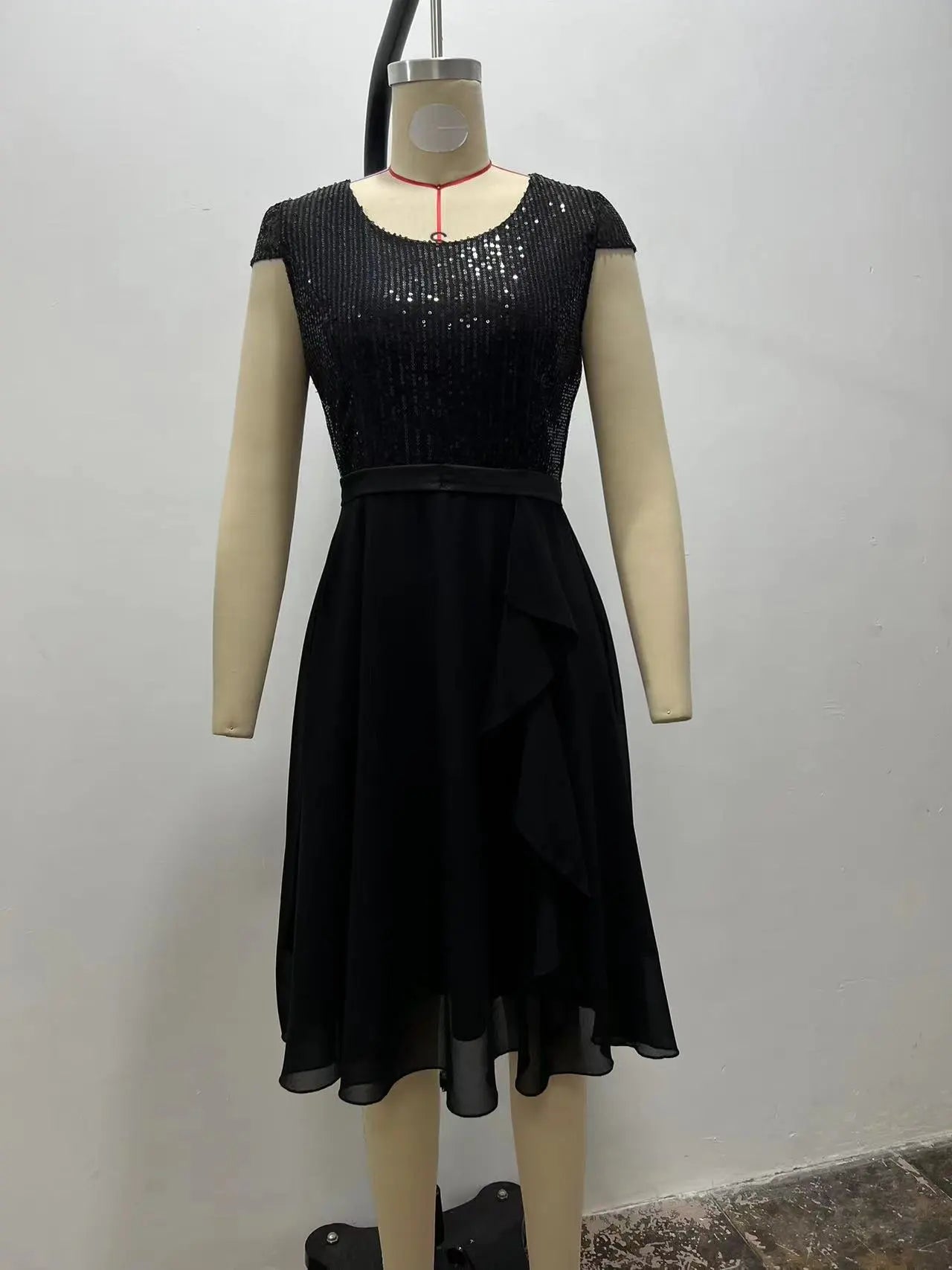 Women's Round Neck Sequins Chiffon Stitching Evening Dress