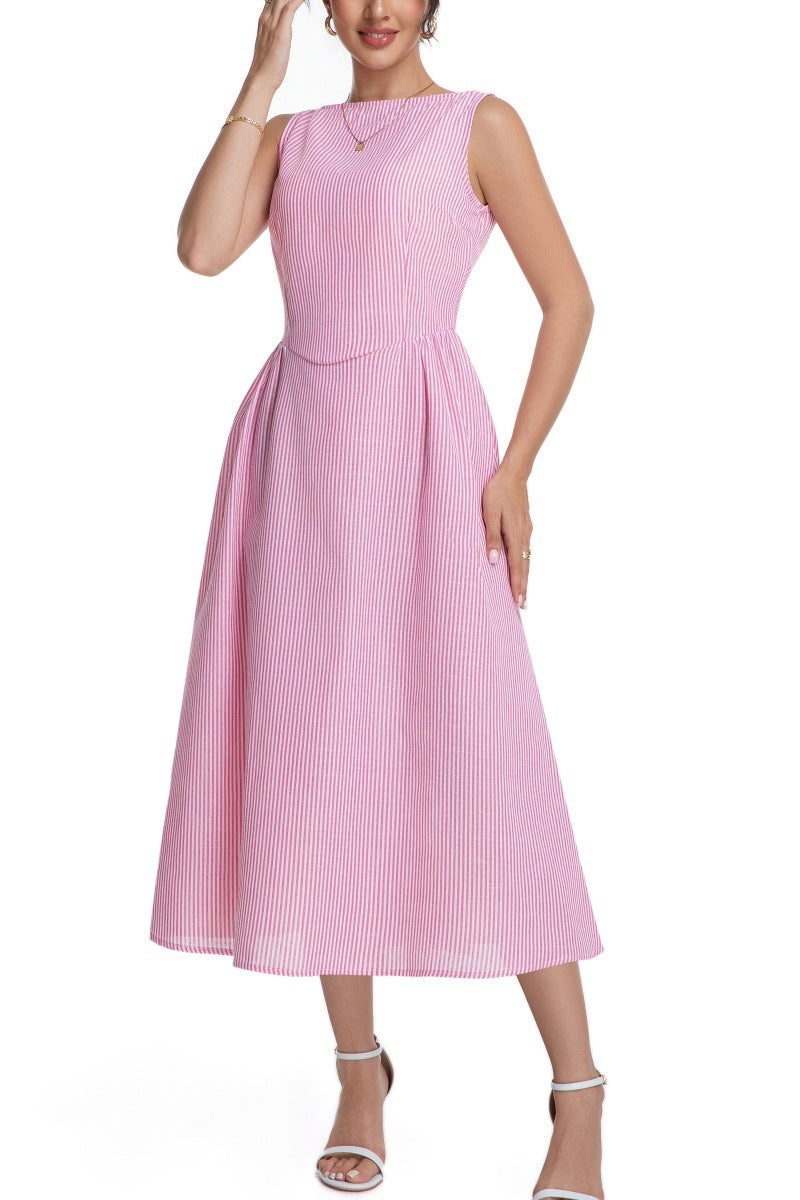 Women's Striped Sleeveless Zipper Princess Dress