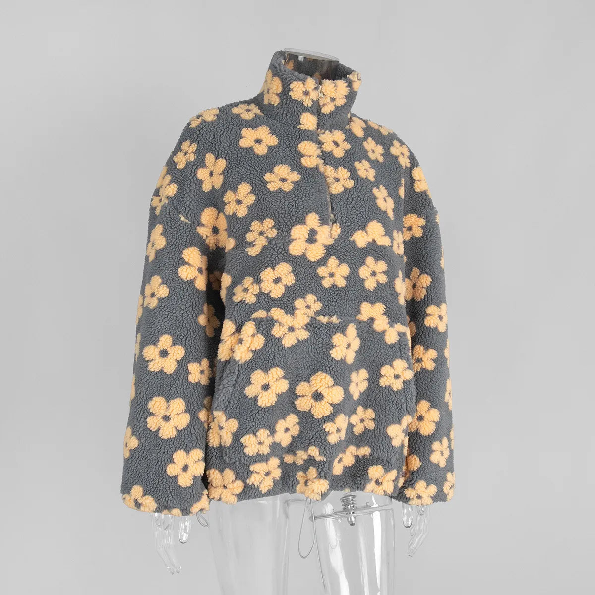 Winter Flowers Lambskin Sweatshirt With Big Pocket Casual Loose Zip-up Lapel Pullover Top Women's Clothing