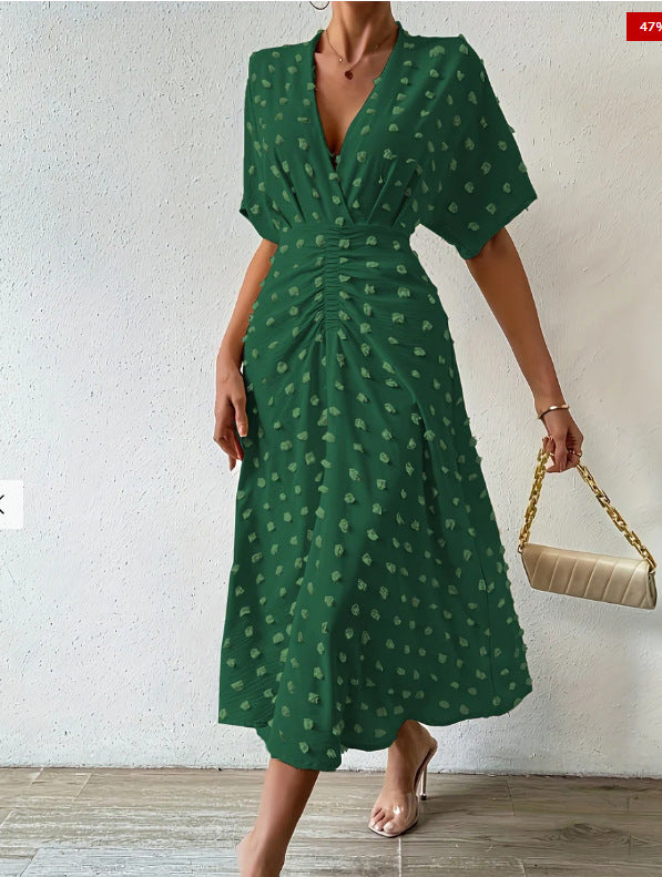 Summer New Fur Ball Ruffle Sleeve V-neck Waist Tied Dress