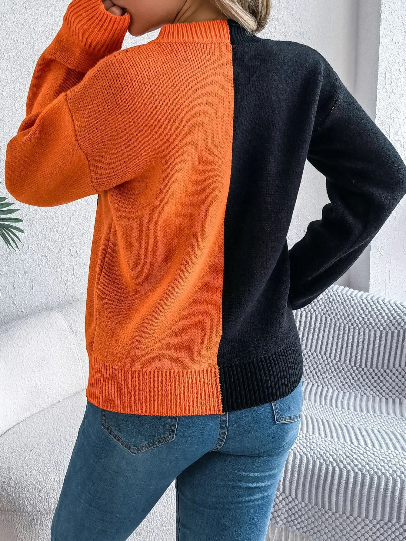 Halloween Contrast-color Pullover Sweater Fashion Long Sleeve Knitted Tops For Womens Clothing