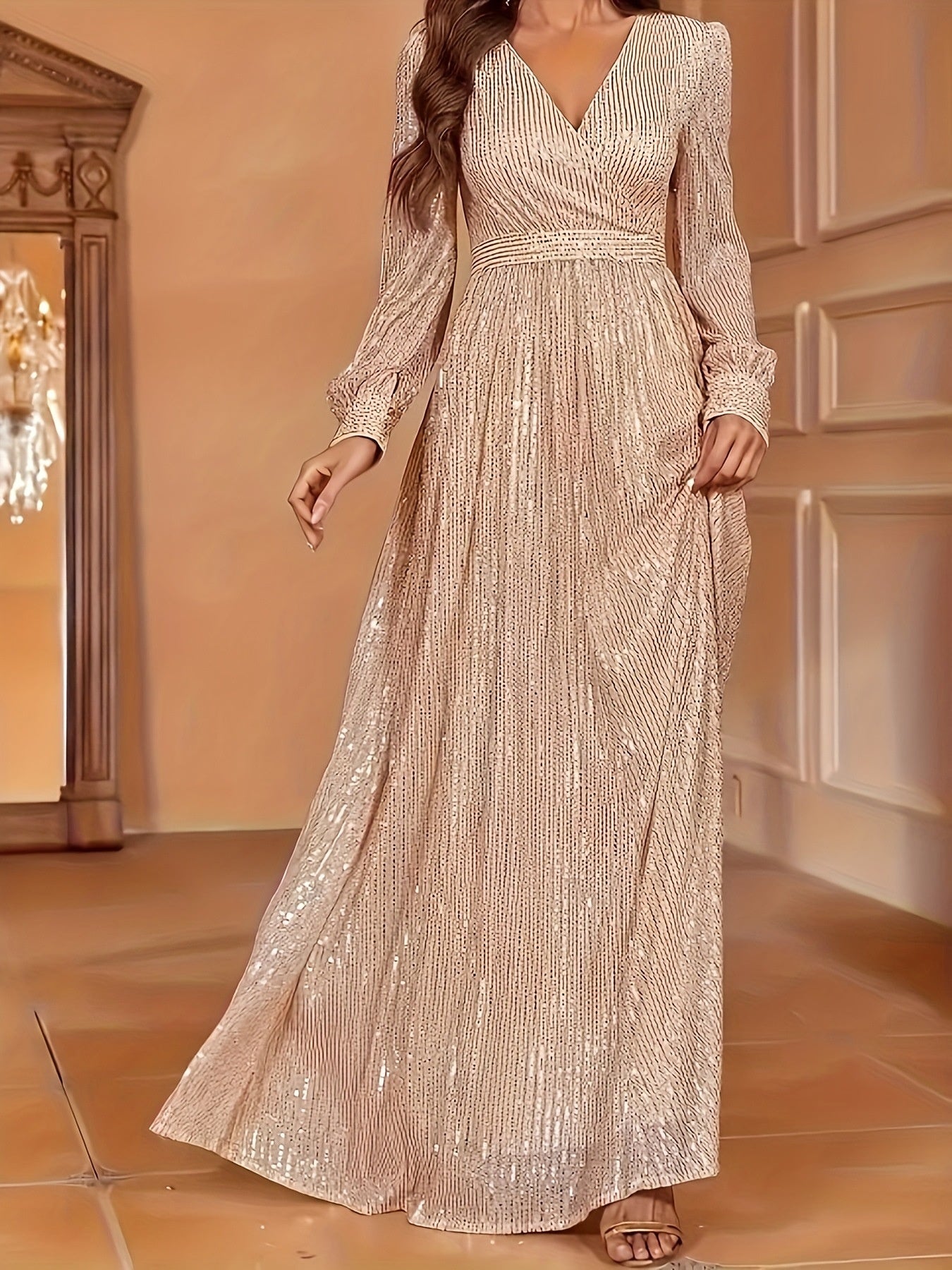Elegant Dinner Sequined Long Sleeve V-neck High Waist Evening Dress