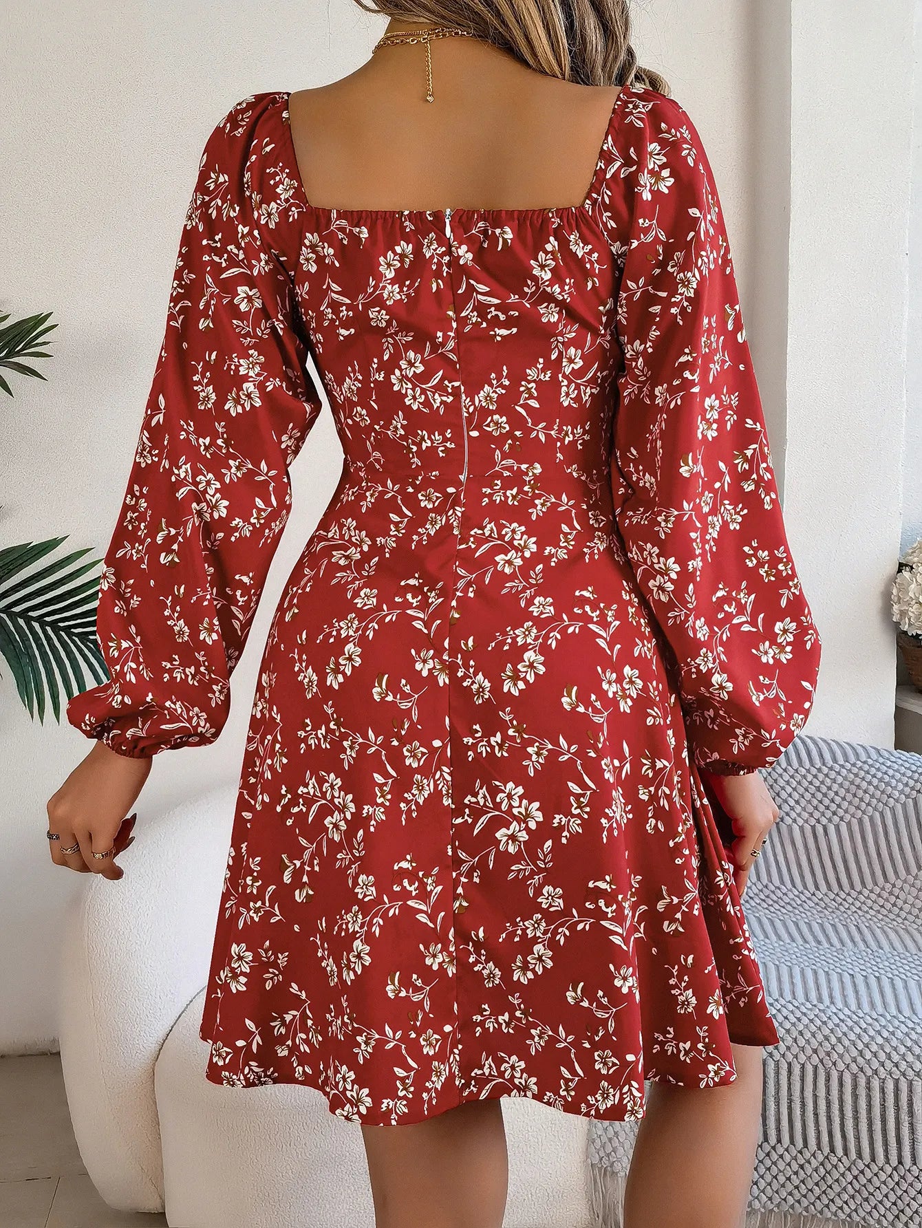 Fashion Floral Print Lantern Sleeve Dress Casual Sexy Tie Square Neck Long Sleeve A-Line Dress Women's Clothing