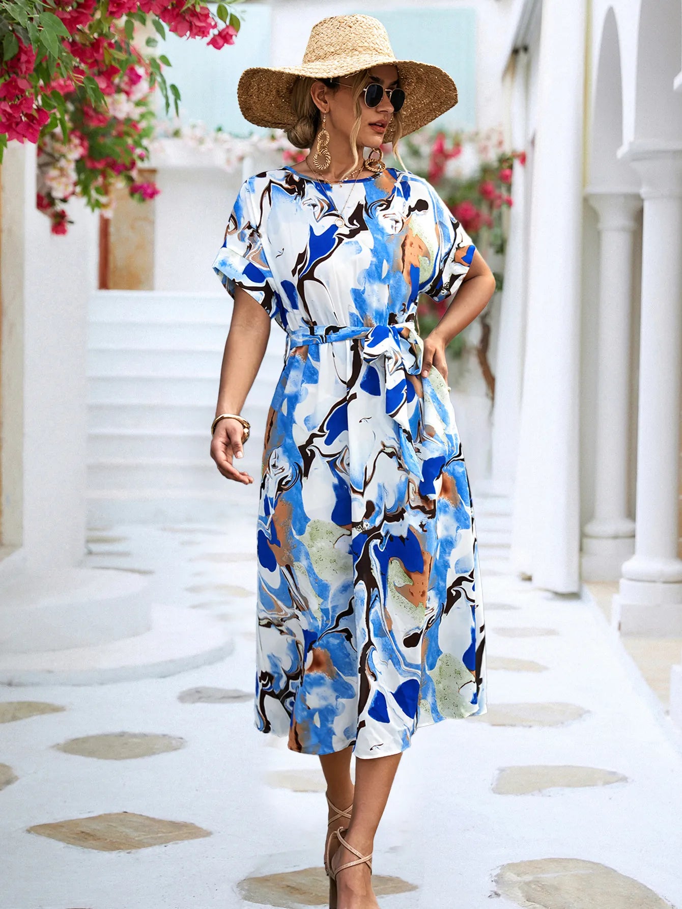 Summer Print Short-sleeved Dress Summer Loose Lace-up A-line Long Dresses Fashion Casual Holiday Beach Dress For Womens Clothing