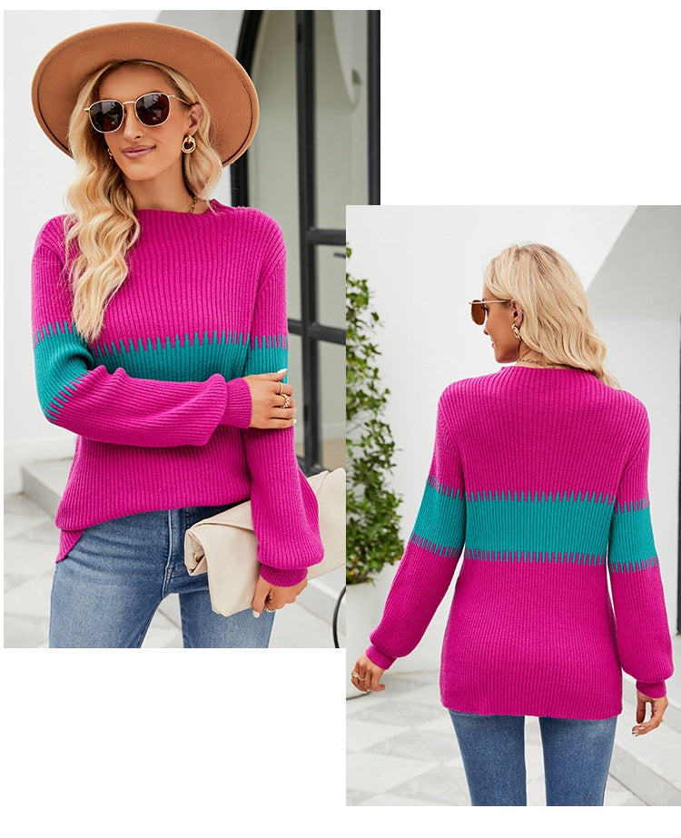 Women's Loose Color Contrast Patchwork Mock Neck Sweater