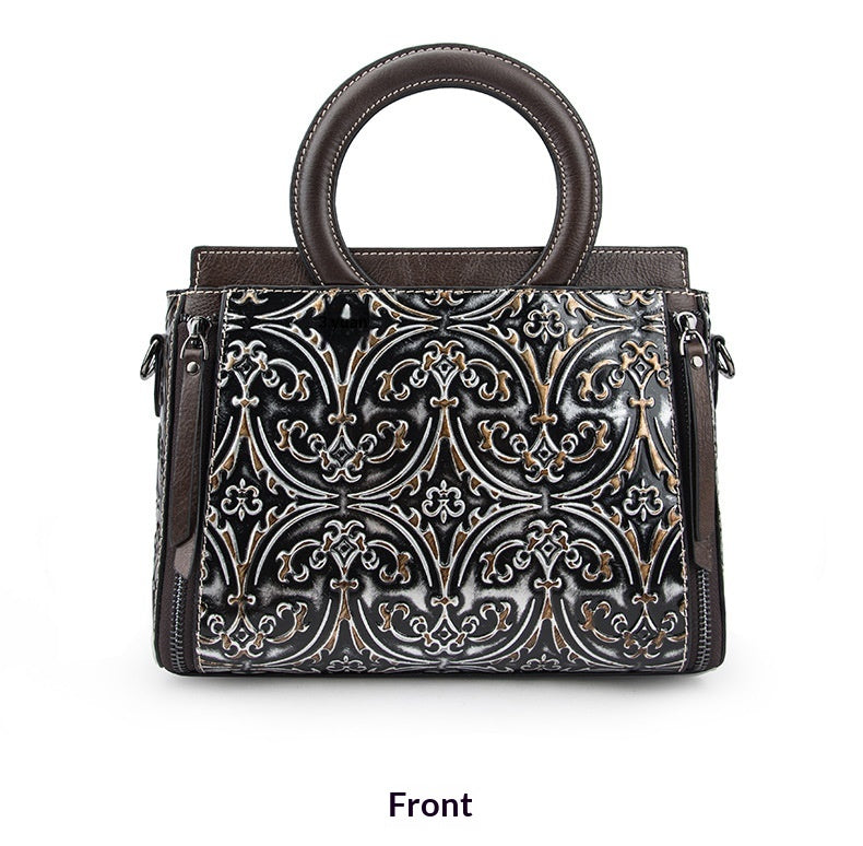 Retro First-Layer Cowhide Embossed Handbag Shoulder Crossbody Bag