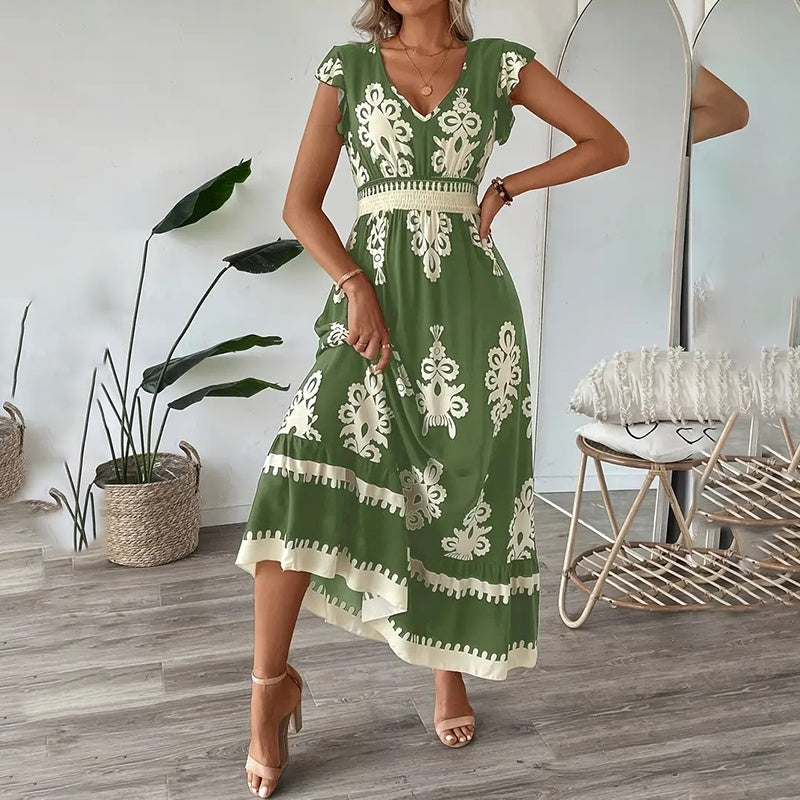 Women's Summer Flowy Maxi Dress Casual Cap Sleeve V Neck Smocked Waist Beach Sundress-FREE USA SHIPPING