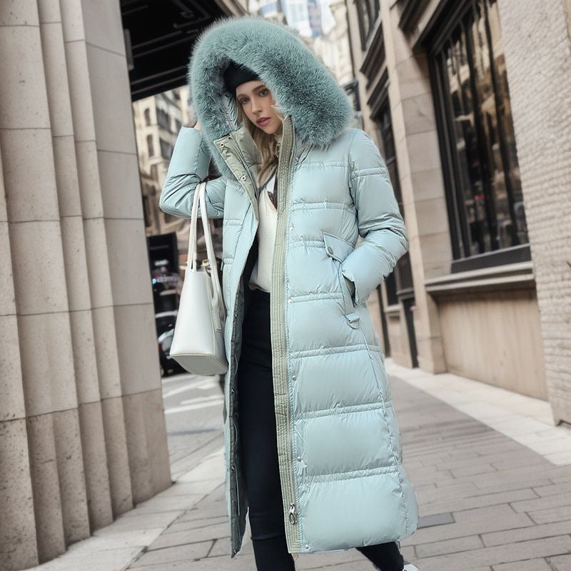 Winter Slim Long Jacket With Fur Hood And Belt Fashion Solid Hooded Coat Warm Clothing For Women