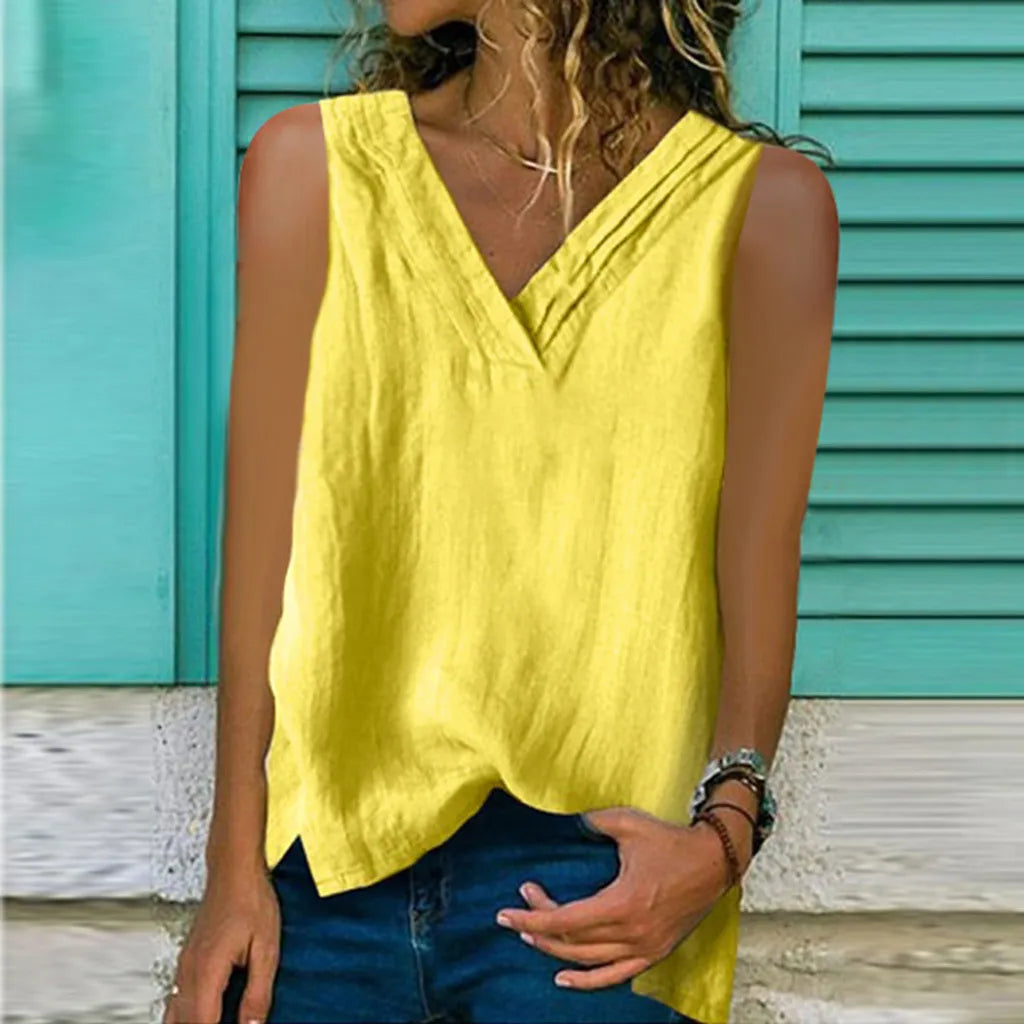 Split Sleeveless Cotton And Linen Multi-layer Collar T-shirt