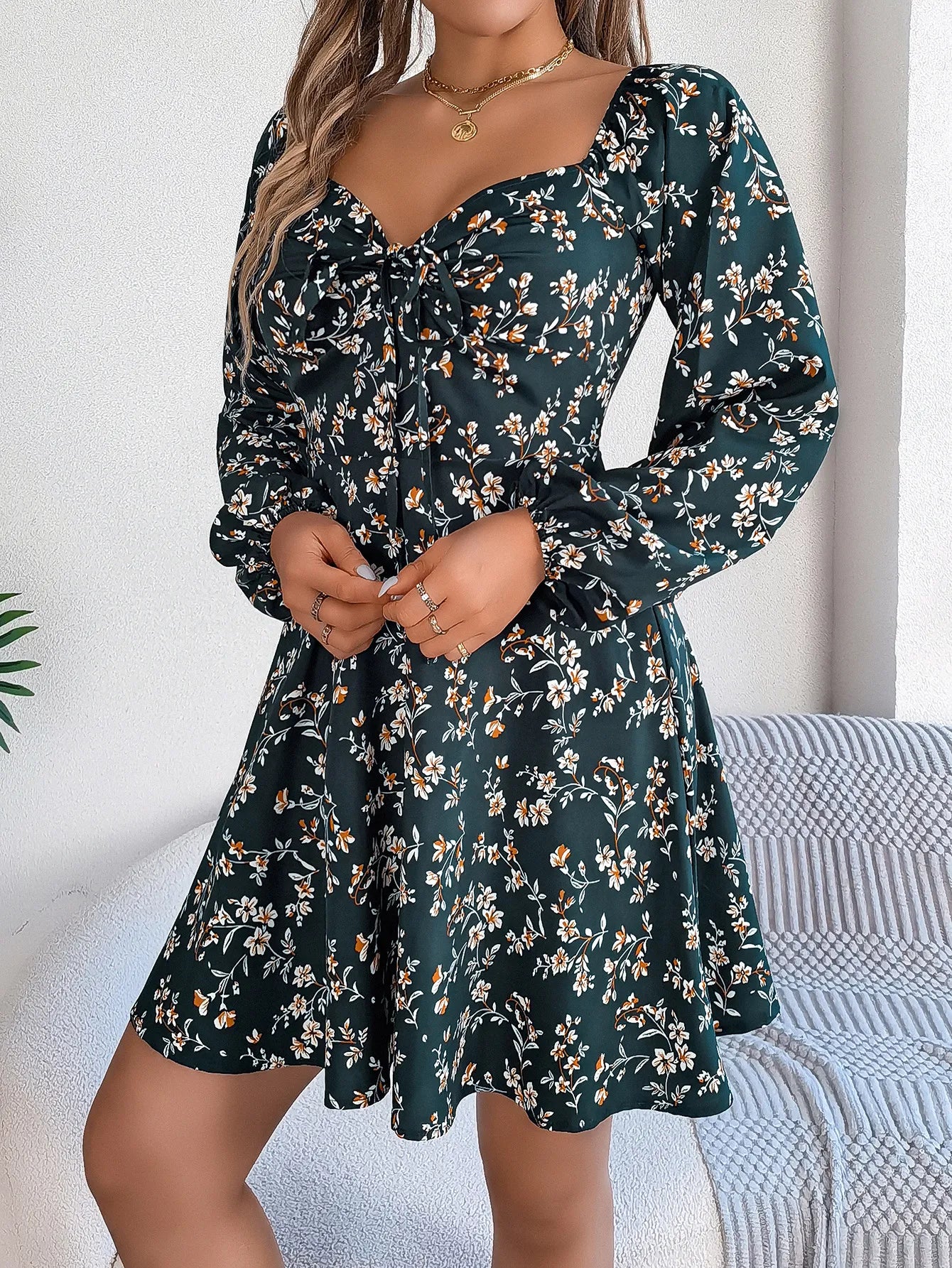 Fashion Floral Print Lantern Sleeve Dress Casual Sexy Tie Square Neck Long Sleeve A-Line Dress Women's Clothing