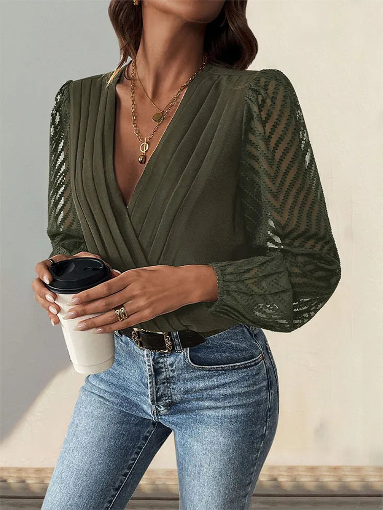 All-matching Solid Color And V-neck Pleated Lace See-through Long-sleeved Top