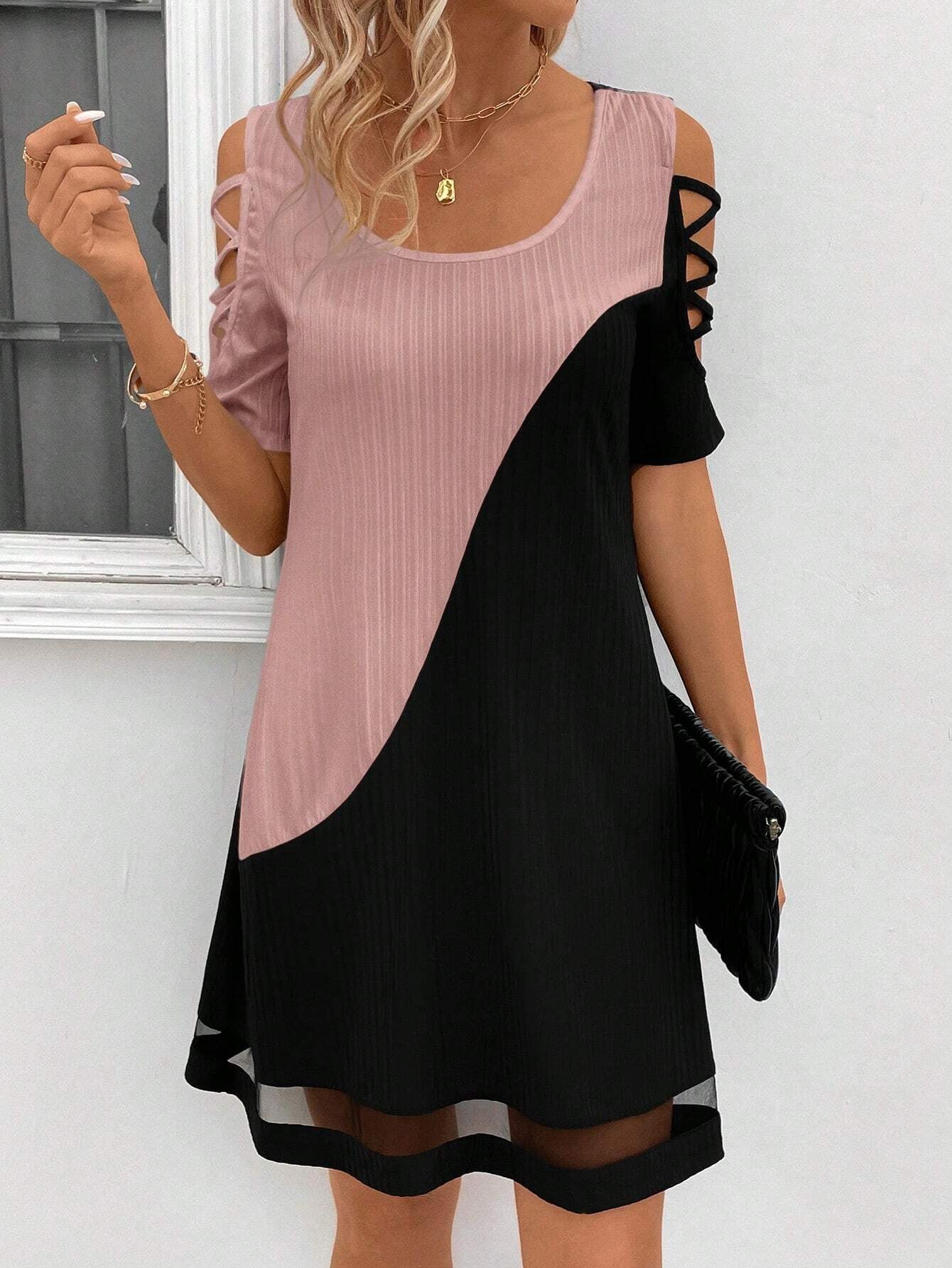 Women's Color Matching Hollow Out Mesh Midi Dress