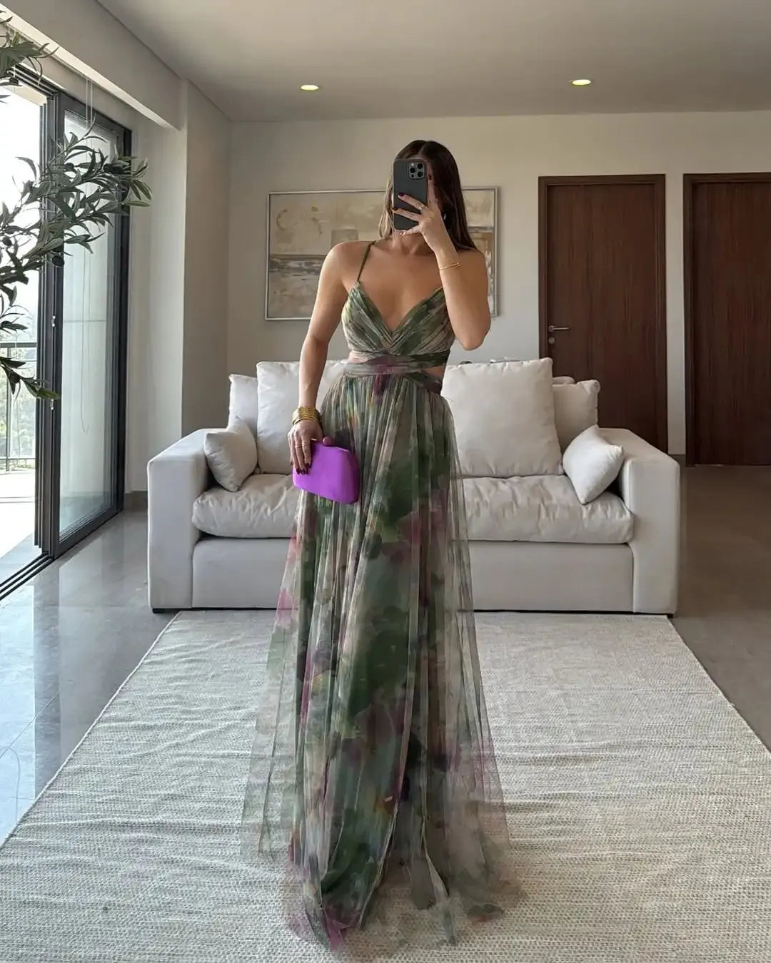 Mesh Printing Slip Dress Holiday Leisure Party