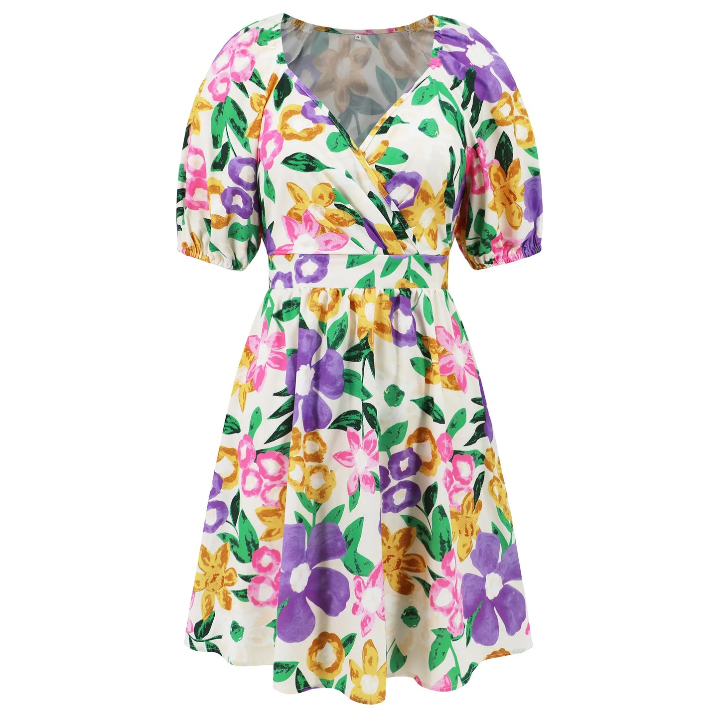 Flowers Print V-Neck Lantern-sleeve Dress Summer Vacation Beach Short Dresses Fashion Womens Clothing